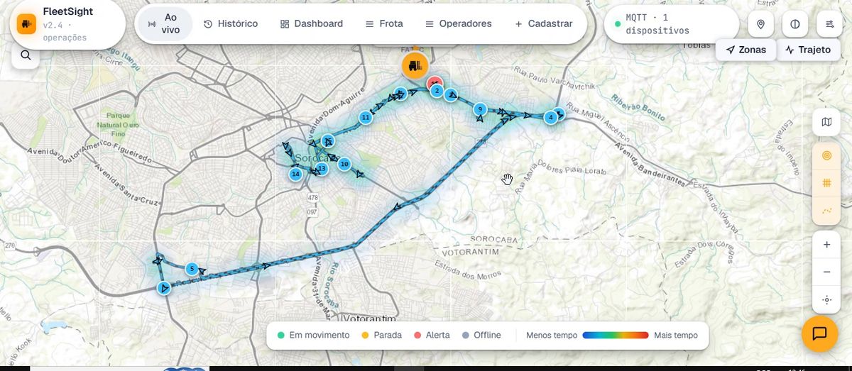 Histórico de trajeto e mapa de calor de uma empilhadeira na plataforma FleetSight